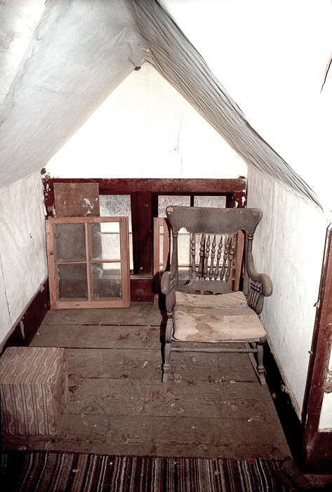 attic window, interior, old house, rocking chair, debris