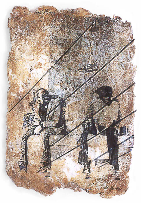 mixed media art - two seated figures with tennis shoes suspended above