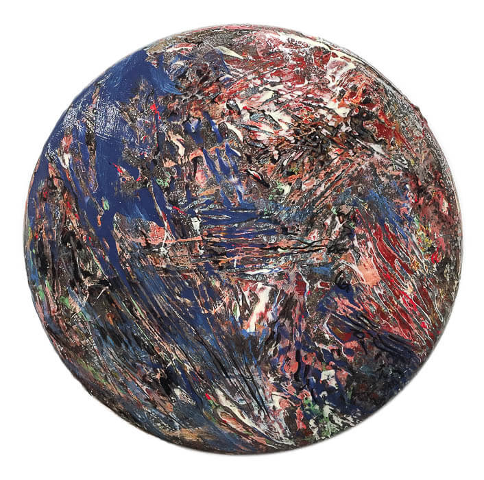 painting on round burnt metal, line, bright colors