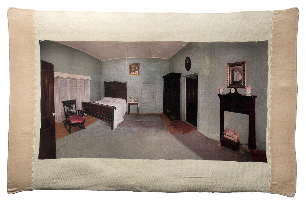 artwork, digitally manipulated photographic image of a bedroom in an old house on an old cloth
