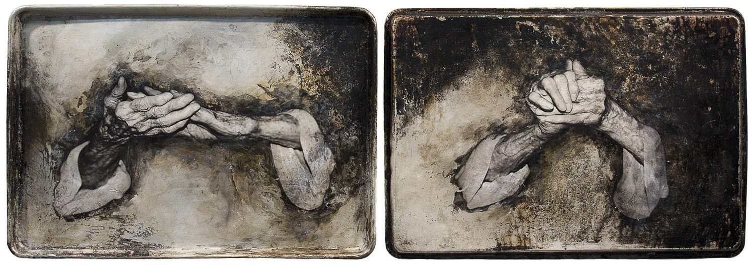 two large old pans, burned, side by side, each with an image transfer of an old person's hands, charcoal and acrylic paint added, artist Sally Mankus