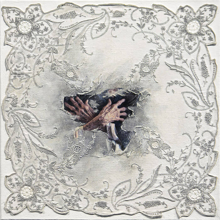 artwork showing hands that are crossed surrounded by lacy fabric