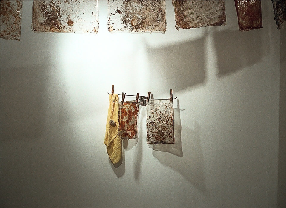 Old metal towel rack holding 2 acrylic "skins" and one napkin with clothes pins. Spool of thread hanging by threads from the rack.
