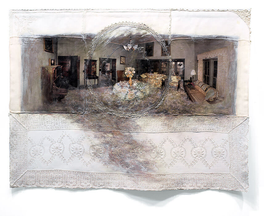 digitally manipulated image of flooded living room in a old house, acrylic on fabric found objects