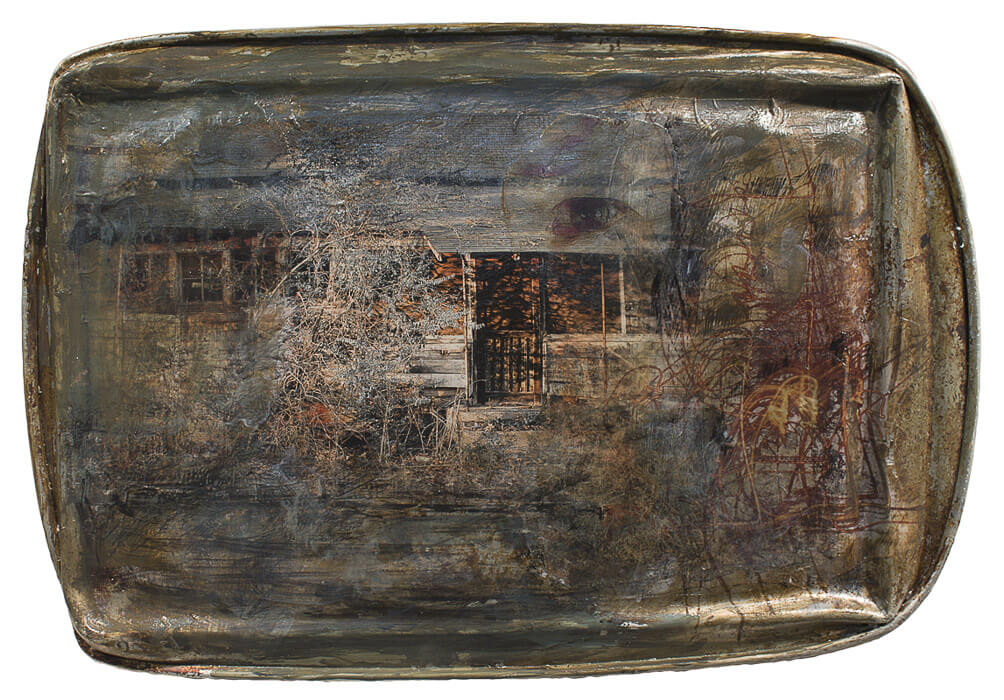 a flattened pan, image transfers of a house with shadows on a door and an eye, acrylics