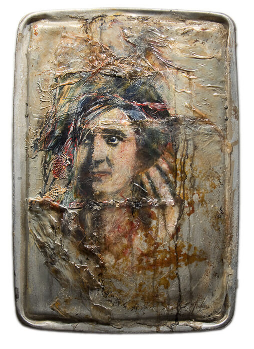 a woman's face, paint, rust, carbon, found objects on a large metal flattened pan