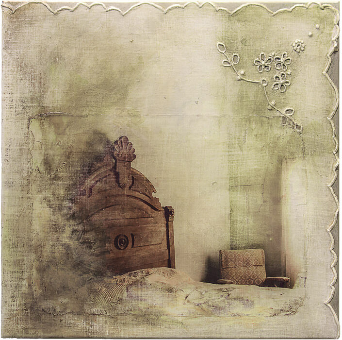 mixed media photography artwork with an image transfer of a bedroom, and paint on fabric (with embroidery)