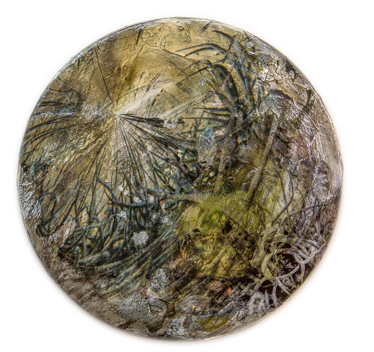 organic, abstract, multiple image transfers and acrylic on round metal found object