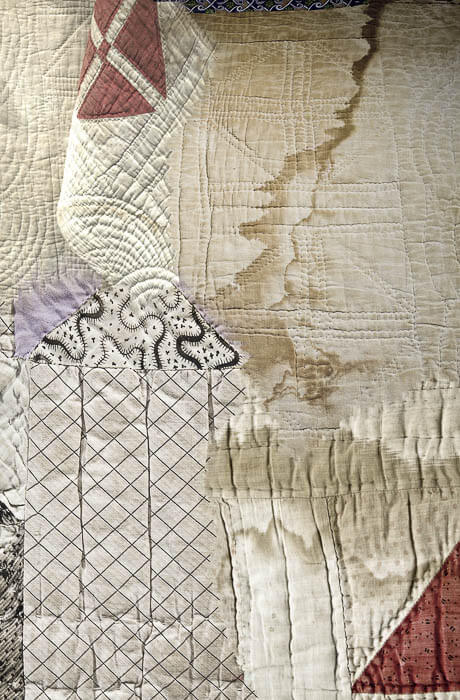 digitally stitched together old quilts fragments, stains, patterns